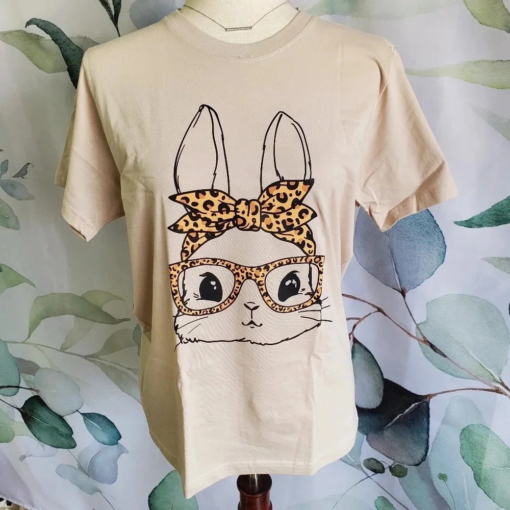 Easter Mom Bunny Tee w/ Leopard Print sz S - Picture 2 of 5